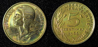 FRANCE Aluminum-Bronze 1966 5 Centimes 1st Year Type RAINBOW UNC KM# 933 (90)