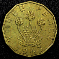 Great Britain George VI Nickel-Brass 1943 3 Pence WWII Issue High Grade KM849(6)