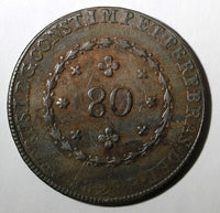 BRAZIL Pedro I Copper 1828 B 80 Reis Nice Brown Bahia Mint 40 mm KM# 366.2 (451)