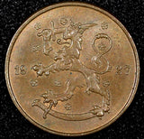 FINLAND Copper 1927 5 Penniä KEY DATE UNC Toned KM# 22 (24 009)