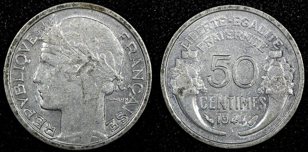 France Aluminum 1944 50 Centimes WWII Issue  KM# 894.1a  (24 972)