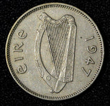 Ireland Republic Copper-Nickel 1947 6 Pence Wolfhound  XF KM# 13a (28 973)