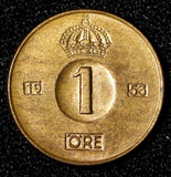 Sweden Gustaf VI Adolf Bronze 1953 TS 1 Ore GEM BU Toned KM# 820 (30 264)