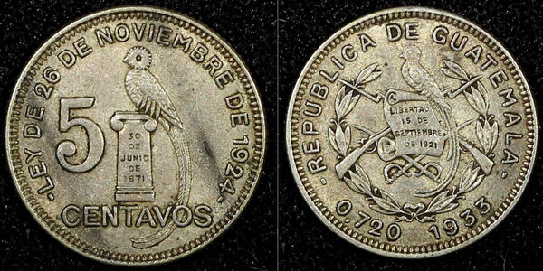 Guatemala Silver 1933 5 Centavos  Royal Mint BETTER DATE KM# 238.2  (24 459)