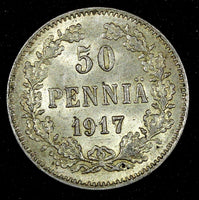 FINLAND Nicholas II Silver 1917 S 50 Penniä Grand Duchy UNC KM# 2.2 (26 981)