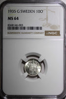 SWEDEN Gustaf V Silver 1935 G 10 Öre NGC MS64  KM# 780 (003)