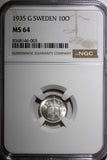 SWEDEN Gustaf V Silver 1935 G 10 Öre NGC MS64  KM# 780 (003)