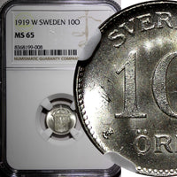 Sweden Gustaf V Silver 1919 W 10 Ore NGC MS65 Light Toned GEM BU KM# 780 (008)