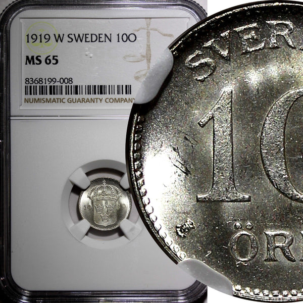 Sweden Gustaf V Silver 1919 W 10 Ore NGC MS65 Light Toned GEM BU KM# 780 (008)