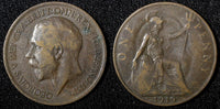Great Britain George V Bronze 1919 H  1 Penny 	Heaton Mint KM# 810 (28 288)