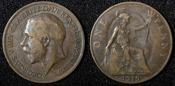 Great Britain George V Bronze 1919 H  1 Penny 	Heaton Mint KM# 810 (28 288)