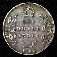 India-British Edward VII Silver 1905 B Rupee AR-(.917)  TONED  KM# 508 (27 566)
