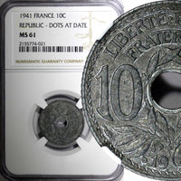 FRANCE Zinc 1941 10 Centimes WWII Issue NGC MS61 DOTS AT DATE KM# 897 (21)