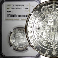 SWEDEN Silver 1907 EB 2 Kronor NGC MS62 Golden Wedding Anniversary KM# 776 (03)