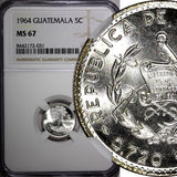 GUATEMALA Silver 1964 5 Centavos KEY DATE NGC MS67 GEM BU LUSTER KM# 261 (031)