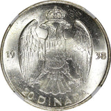 Yugoslavia Petar II Silver 1938 20 Dinara 1 Year Type NGC MS63 KM# 23 (42)