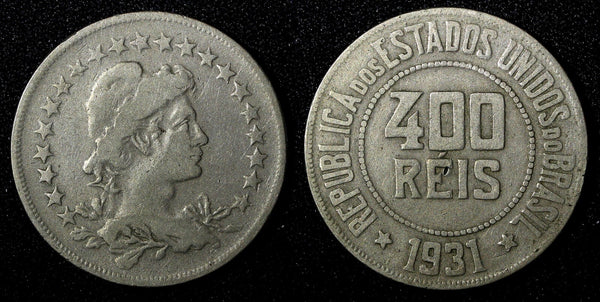 BRAZIL Copper-Nickel 1931 400 Reis Liberty 30.2mm KM# 520 (27 792)