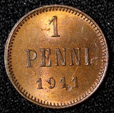 Finland Nicholas II Copper 1911 1 Penni aUNC-UNC KM# 13  (28 255)
