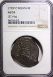 BOLIVIA Ferdinand VI Silver 1753 P C 8 Reales NGC  AU55 TOP GRADED KM#40 (10)