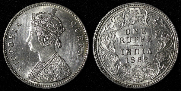 India-British Victoria Silver 1862 (B) Rupee Better Date aUNC KM# 473.1 (28 299)