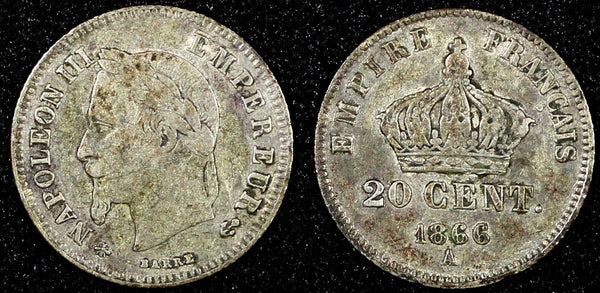 FRANCE Napoleon III Silver 1866 A  20 Centimes KM# 805.1  (067)