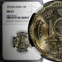 India-Republic Copper-Nickel 1957 (B) 10 Naye Paise NGC MS63 KM# 24.1  (026)