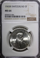 Switzerland Silver 1965 B 5 Francs NGC MS64 	31.45 mm GEM BU KM# 40 (4)
