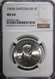 Switzerland Silver 1965 B 5 Francs NGC MS64 	31.45 mm GEM BU KM# 40 (4)