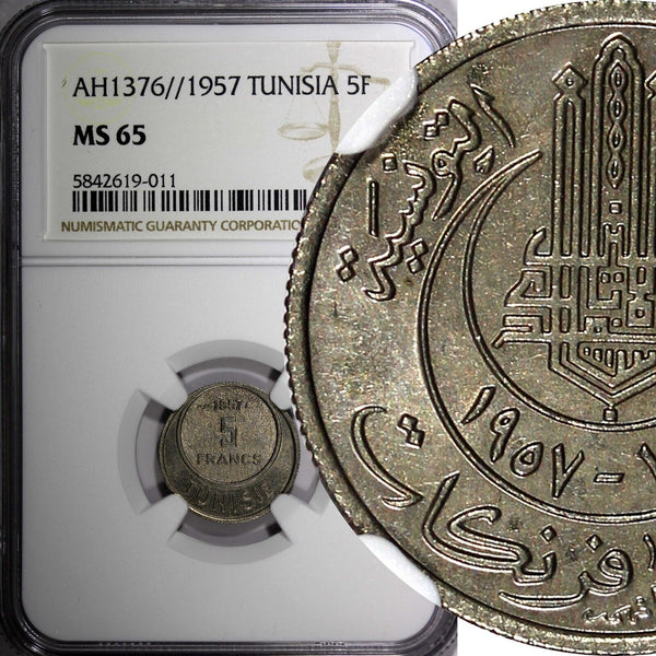 TUNISIA Muhammad VIII AH1376 1957  5 Francs NGC MS65 GEM BU KM# 277 (011)