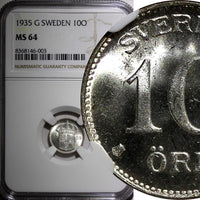 SWEDEN Gustaf V Silver 1935 G 10 Öre NGC MS64  KM# 780 (003)