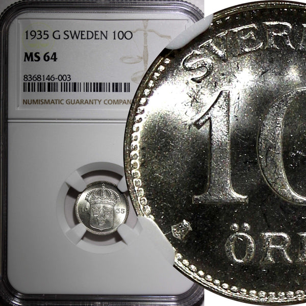 SWEDEN Gustaf V Silver 1935 G 10 Öre NGC MS64  KM# 780 (003)