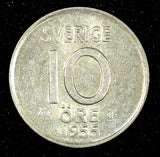 SWEDEN SILVER Gustaf VI 1955 10 ORE High Grade KM#823 (28 159)