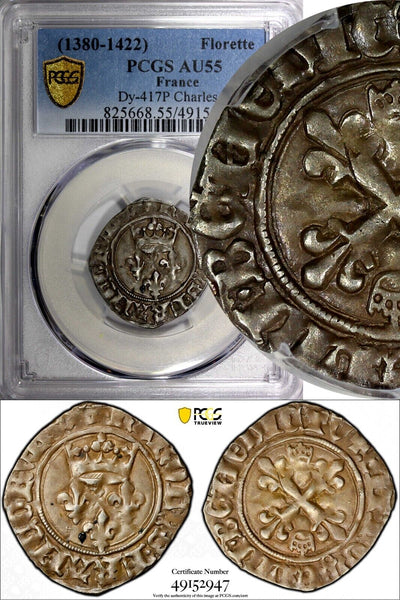 FRANCE Charles VI 1380-1422 Silver FLORETTE PCGS AU55 Duplessy-417P TOP GRADED