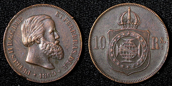 BRAZIL Pedro II Bronze 1869 10 Reis  Minted in Brussels, Belgium KM# 473 ( 520)