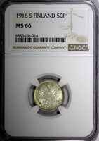 Finland Nicholas II Silver 1916 S 50 Penniä NGC MS66 GEM BU COIN KM# 2.2 (014)