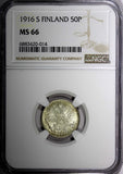 Finland Nicholas II Silver 1916 S 50 Penniä NGC MS66 GEM BU COIN KM# 2.2 (014)