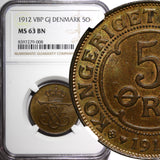 Denmark  Frederik VIII Bronze 1912  VBP GJ 5 Øre NGC MS63 BN KM# 806 (08)