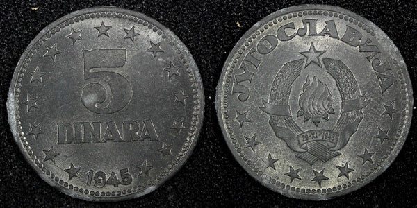 Yugoslavia Zinc 1945 5 Dinara WWII Issue 26.5mm 1 Year Type UNC KM# 28 (24 551)