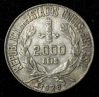 BRAZIL Silver 1928 2000 Reis  Rio de Janeiro Mint  Toned KM# 526  (27 507)