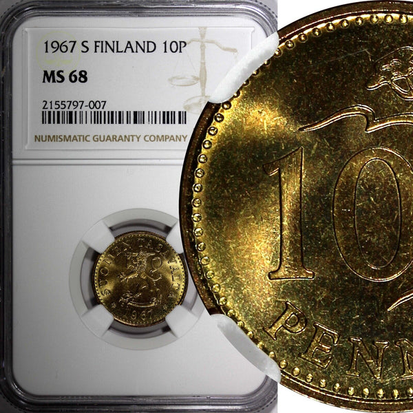 Finland Aluminum-Bronze 1967 10 Penniä KEY DATE NGC MS68 TOP GRADED KM# 46 (7)