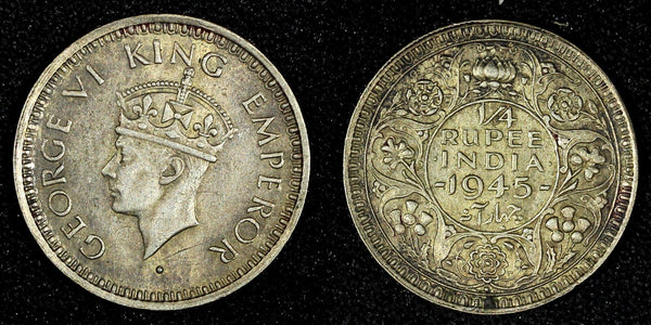 India-British George VI Silver 1945 1/4 Rupee Nice Toned KM# 547 (27 306)