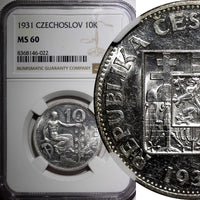Czechoslovakia Silver 1931 10 Korun 30 mm NGC MS60  KM# 15 (022)
