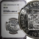 Czechoslovakia Silver 1931 10 Korun 30 mm NGC MS60  KM# 15 (022)