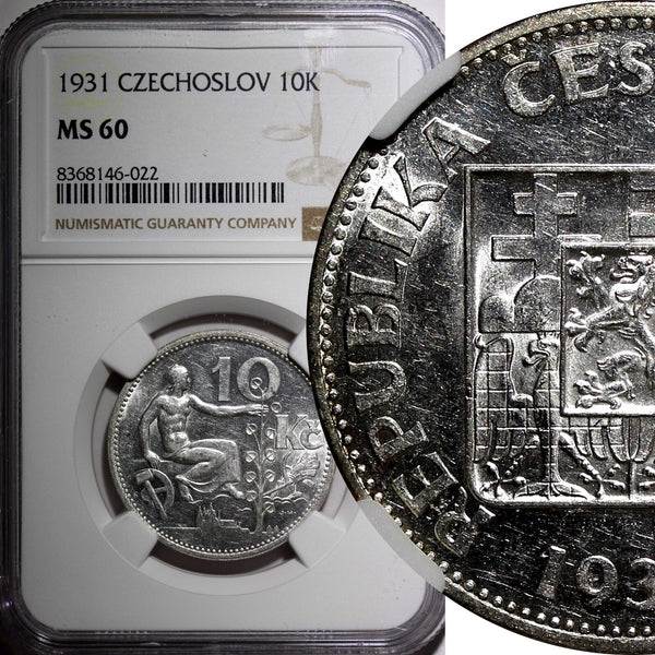 Czechoslovakia Silver 1931 10 Korun 30 mm NGC MS60  KM# 15 (022)