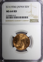 JAPAN Bronze SHOWA S11 (1936) 1 Sen NGC MS64 RD NICE RED Y# 47 (012)