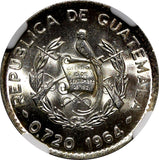 GUATEMALA Silver 1964 10 Centavos NGC MS65 GEM BU LUSTER KEY DATE KM# 262 (023)