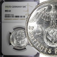 Germany - Third Reich Silver 1937 D 5 Reichsmark NGC MS61 Munich Mint KM# 94 (2)