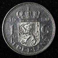 Netherlands Juliana Nickel  1980 1 Gulden 25 mm Last Year  KM# 184a  (27 947)