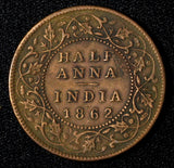 India-British Victoria Copper 1862  1/2 Anna  KM# 468 (27 612)