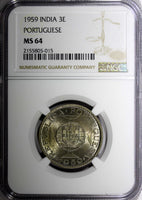 India-Portuguese Copper-nickel 1959 3 Escudos NGC MS64 BU  KM# 34(15)